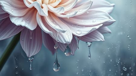 Surreal painting featuring water droplets cascading down a flower's stem, inspired by Picasso's surrealism; elements melt and intertwine with intricate materials, infused with light silver and soft lavender hues; delicately layered with dream-like abstraction in a harmonious 1:1 composition.