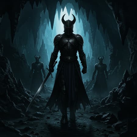 Dark fantasy realm featuring shadow knights within a mysterious cave setting, showcasing transparency and caustics that interplay with surreal optics and magic. The scene is an artistic masterpiece with impeccable anatomy, captured in 32k UHD resolution for ultimate quality. The portrait is highly detailed and photorealistic, embodying professional photography standards with a cinematic angle and beautifully rendered reflection lights. The sharp 8k focus ensures every detail is crisp and clear. The composition excludes any undesirable elements such as text logos, watermarks, or aberrations, maintaining a natural, realistic appearance without distortions or imperfections. The scene avoids any signs of poor quality or unrealistic anatomy, presenting a flawless, captivating vision of these mystical knights.