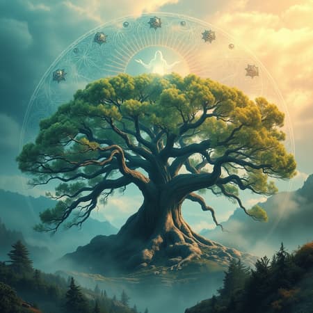 A magnificent circle of a mystical figure hovering above an ancient, sprawling tree in a mesmerizing scene, depicted in a style of vibrant fantasy landscapes. The image radiates hues of teal and bronze, bursting with energy and life, evoking the essence of hikecore amidst an awe-inspiring wilderness. The poster art captures such sublime beauty and wonder, it's hard to fathom its existence.