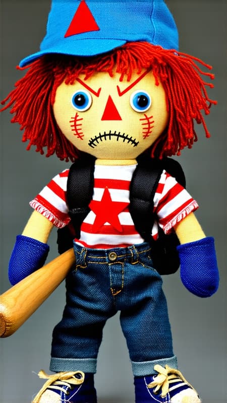 Angry, psychotic RAG DOLL. Raggedy Andy on steroids. Doll made of cloth. Tall, strong, athletic. Bright red yarn hair, bright blue baseball cap turned backwards. Canvas material skin, orange triangle nose. Bright blue almost human glass eyes. Angry permanent frown. T-shirt with red and white horizontal stripes, a red cutout star on the front of the shirt. Blue denim jeans, fingerless black leather gloves. Blue and white canvas sneakers. He carries a wooden baseball bat, always ready to smash something. He also carries a school backpack on his back. full body pose. 