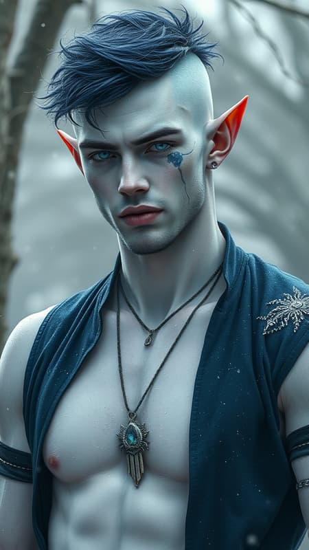 Faerie and Fantasy, The Dreaming. Elf. Moon Elf, pale white elf. Hypermasculine mature male. Short, stocky, wide shouldered, broad chested, narrow waist, sinewy, well defined. Strong, muscular. Pale white skin the color of snow, dusted in glittery moondust. Short length dark indigo-blue hair, short on sides and spiky on top. {{{SHORT HAIR, INDIGO BLUE HAIR}}}. Sparkling silver eyes, playful and cheery. Handsome rugged masculine face, strong brow and chin, cleft in chin. Indigo-Blue soul-patch on face below bottom lip. Sharp Elf ears. His skin is dusted in silvery glitter. Silver talisman with crystal quartz pendant around his neck. Navy blue sleeveless shirt unbuttoned to navel, revealing his chest. Silver arm bands above his biceps, silver earring in left ear, along with silver ear cuffs. Black leather fingerless gloves, black leather bracers on arms. Black leather belt around waist, silver and sapphire belt buckle. Navy blue rangers pants/tights, form fitting and smooth over powerful legs and bulge in groin. Soft gray boots, knee-high and slouchy/supple bucket boots. He holds a golden magical bow. He has a soft, silvery aura under moonlight, signifying elven magic. Full body pose, he is the archer, the Dream Archer. Faerie and Fantasy, The Dreaming. Elf. Moon Elf, pale white elf. Hypermasculine mature male. Short, stocky, wide shouldered, broad chested, narrow waist, sinewy, well defined. Strong, muscular. Pale white skin the color of snow, dusted in glittery moondust. Short length dark indigo-blue hair, short on sides and spiky on top. {{{SHORT HAIR, INDIGO BLUE HAIR}}}. Sparkling silver eyes, playful and cheery. Handsome rugged masculine face, strong brow and chin, cleft in chin. Indigo-Blue soul-patch on face below bottom lip. Sharp Elf ears. His skin is dusted in silvery glitter. Silver talisman with crystal quartz pendant around his neck. Navy blue sleeveless shirt unbuttoned to navel, revealing his chest. Silver arm bands above his biceps, silver earring in left ear, along with silver ear cuffs. Black leather fingerless gloves, black leather bracers on arms. Black leather belt around waist, silver and sapphire belt buckle. Navy blue rangers pants/tights, form fitting and smooth over powerful legs and bulge in groin. Soft gray boots, knee-high and slouchy/supple bucket boots. He holds a golden magical bow. He has a soft, silvery aura under moonlight, signifying elven magic. Full body pose, he is the archer, the Dream Archer.