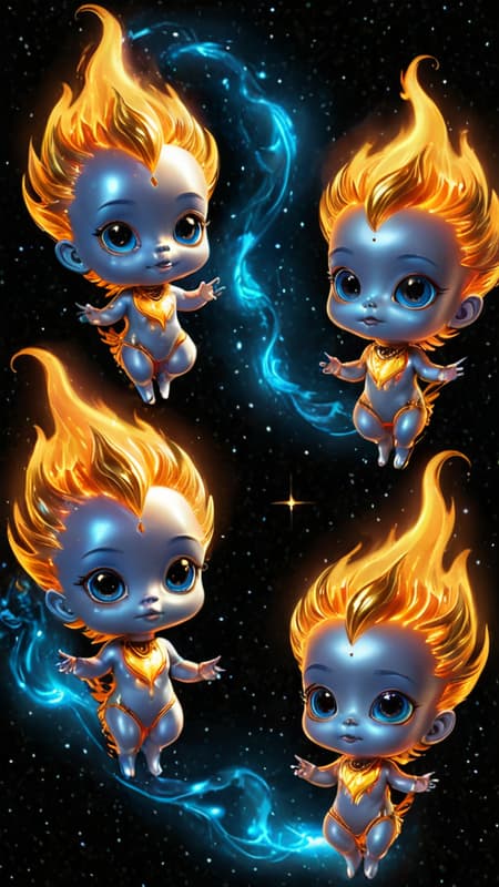 Little flaming cosmic babies. They all have fiery auras, the flames are cosmic and can burn in space. The gold ones have reflective metallic gold skin and glowing amber eyes, the silver ones have metallic chrome skin and glowing white or glowing blue eyes. They all have a tiny flame emitting from their foreheads, signifying their power. They hang out together in groups, flying through the cosmos feeding on the energy from gas clouds. They are a peaceful and inquisitive race of beings, exploring the universe in all of its splendour. Little flaming cosmic babies. They all have fiery auras, the flames are cosmic and can burn in space. The gold ones have reflective metallic gold skin and glowing amber eyes, the silver ones have metallic chrome skin and glowing white or glowing blue eyes. They all have a tiny flame emitting from their foreheads, signifying their power. They hang out together in groups, flying through the cosmos feeding on the energy from gas clouds. They are a peaceful and inquisitive race of beings, exploring the universe in all of its splendour.