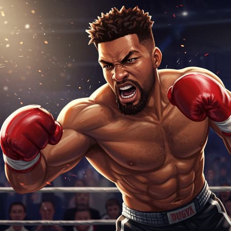A hyper-detailed anime-style masterpiece painting depicting a man in a boxing ring, exuding strength and determination with a powerful chin. The scene captures the intense moment of a punch being thrown, with dynamic energy and vivid colors. The artwork is inspired by trending styles seen on Artstation, merging influences from artists like Jazza, Rossdraws, Kawacy, and Sachin Teng. This illustration is fit for a card game, with a focus on epic action and expression. The character design takes cues from Will Smith in anime style, providing a unique and recognizable profile perfect for a standout profile picture.