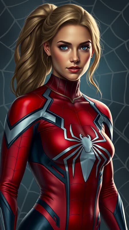 Sydney Sweeney, Sydney Sweeney, in a sleek Spider-Woman suit inspired by a Spider-Man costume, stands confidently in a full body shot. Her face is rendered with intricate detail, highlighting her expressive eyes and stunning features. Her athletic physique is accentuated by the form-fitting costume, which features a meticulously detailed spider logo. The artwork is a highly detailed digital painting, exuding the smooth, sharp focus typical of concept art on ArtStation. Influenced by the styles of Artgerm, Greg Rutkowski, and Alphonse Mucha, the piece is set against a backdrop of an intricate spider web, creating an atmosphere of strength and elegance.