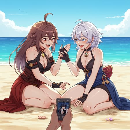 Two women sitting playfully interacting with the photographer at the edge of a beach on a bright, sunny day, with a vast ocean as the backdrop. They are the focal point, depicted with intricate, highly detailed linework, showcasing breathtaking beauty. The image has a vibrant, comprehensive cinematic feel reminiscent of an Avetetsuya Studios production inspired by Genshin Impact, anime, and manga styles. Despite being characterized by potential errors like missing or extra digits, awkward anatomy, or cropped elements, it maintains an artistic charm. The setting is captivating, captured with JPEG artifacts, and includes elements like signatures and watermarks. The artwork embraces its imperfect, yet intriguing nature, embodying a playful and whimsical aesthetic.
