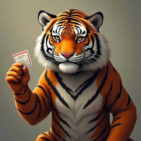 Remake the image with the addition of the tiger holding a business card in one hand