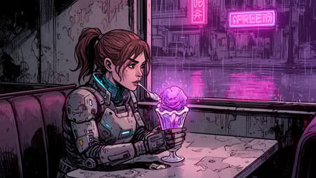 A cyberpunk woman with brown hair in a ponytail, wearing futuristic armored gear, sits in a dark, worn-out diner booth, eating a glowing purple ice cream sundae. The art style is a gritty, hand-drawn comic book aesthetic with heavy black outlines. Outside the window, pink and purple neon signs reflect on a rainy street, creating a moody, atmospheric glow. The lighting is dim, contrasting the bright neon with the dark interior. Colors are predominantly purples, pinks, and muted grays, with hints of blue from her tech. The atmosphere is melancholic and cyberpunk noir, with a sense of quiet solitude amidst the urban decay.