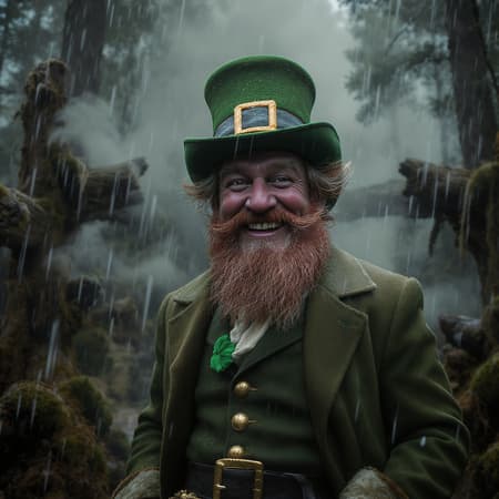 Professional photo of a joyful leprechaun wearing a cap, set in a foggy, wet, and stormy environment. Captured with a 70mm lens, the scene is cinematic and highly detailed with expertly crafted wooden elements. The lighting is atmospheric, enhancing the intricate features and sharp focus of the medium shot. Volumetric fog swirls around, adding depth to the composition, while hdr 4k and 8k resolution ensure a hyper-realistic quality. The scene subtly incorporates a lush, rain-drenched forest in the background, accentuating the magical and whimsical atmosphere.