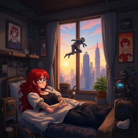 A futuristic cityscape envelops Room 2077, where a young woman with vibrant red hair and intricate tattoos lies on her bed, framed by towering skyscrapers and a sunrise beyond her window. Through stylish glasses, she gazes at her small robotic companion, hovering gracefully amid an array of mechanical devices scattered around her room. A solitary plant thrives on the windowsill, adding a touch of nature to the urban vista. The walls are adorned with atmospheric and aesthetic posters, each detail contributing to the ultra-detailed anime-inspired setting, evoking the essence of a ghost in the shell world, brimming with technology and life.