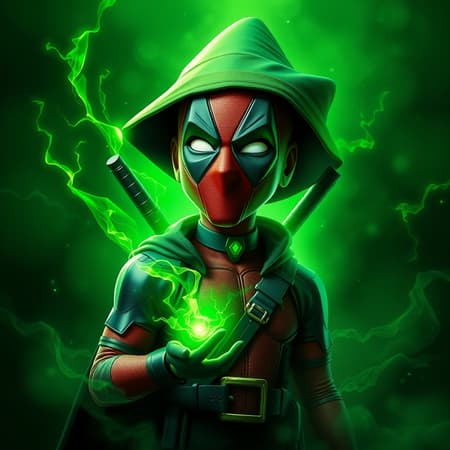 Wizard Deadpool of Psychic Energy, enveloped in dark mist, depicted as a caricature inspired by Craig McCracken, shimmering in polygonal form, rendered in a hyper-realistic style, bathed in a radiant green monochrome with subtle creative twists enhancing the mystical essence.