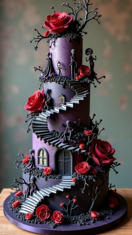 A whimsical, gothic-inspired wedding cake designed in the imaginative style of Tim Burton, featuring asymmetrical tiers adorned with spiraling black and white patterns, morbidly elegant floral accents, and surreal, dreamlike figures reminiscent of his characters. The cake exudes an eerie charm with delicate cobweb elements and a shadowy color palette, combining deep purples, rich reds, and touches of silver. Each layer tells a unique story, with miniature twisted trees and crooked houses, embodying a beautifully dark, fantastical atmosphere that's both enchanting and mysterious.