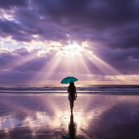 A woman with long hair cascading down to the ground walks along a beach under an ominous sky, holding a small cyan parasol umbrella. The rain falls lightly, creating wet reflections on the sand, while rays of sun pierce through the partially clouded skies. The scene is set against a backdrop of a stunning purple sky, filled with beautifully dramatic clouds. Her silhouette is reminiscent of a painting by Albert Bierstadt, capturing a breathtaking moment where nature's elements converge in harmony.