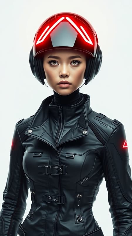 A futuristic cyborg girl stands confidently against a pristine white background, her striking presence emphasized by a captivating cybernetic helmet adorned with vibrant, triangular red LED lights that form a radiant halo around her head. This halo casts a subtle glow on her features, highlighting the seamless fusion of human and machine. She is clad in a sleek black Techwear jacket that hugs her form, offering both style and functionality with its modern design and high-tech material. The jacket is equipped with numerous pockets and subtle metallic accents that reflect her advanced, forward-looking aesthetic. Her gaze is both intelligent and enigmatic, hinting at the boundless possibilities of integration between human intuition and technological prowess. This visually stunning portrayal harmonizes futuristic and modern elements, creating a standout visual impression that captivates the imagination and evokes a sense of awe at the endless potential of future technology.
