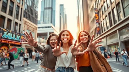 Vibrant urban scene featuring a trio of women striking a joyful pose on a bustling city street, their hands playfully reaching out towards the camera, capturing the energy of the moment; the background showcases towering skyscrapers and colorful street art, bathed in the warm glow of the late afternoon sun.