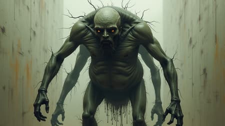 Full Body Portrait Art A grotesque, full body portrait of a surreal and disturbing figure, exuding an unsettling presence in a nightmare-like setting. The character, with a bizarre, elongated neck, seems to hover between dimensions, embodying dark terror and fear. Drawing inspiration from the styles of Greg Rutkowski and Yoji Shinkawa, the artwork is infused with an eerie sense of unease, depicted through chaotic lines and swirling particles. This deformed figure possesses an excess of limbs: extra arms and legs jut out at unnatural angles, their contours exaggerated and distorted. The face is a visual enigma, poorly rendered with asymmetrical features and hollow, staring eyes. Add to this a duo of misshapen heads merging grotesquely, the obscured features blending in a surrealist horror. The hands and feet, crudely drawn and oversized, contribute to the discordant anatomy, while the hulking body is unevenly fat and disfigured. The nightmarish composition is out of frame, as though the figure fails to conform to its own boundaries, aching with existential dissonance. The digital art captures a monstrous elegance, the failing anatomy an avant-garde statement of madness trending in the conceptual art sphere.