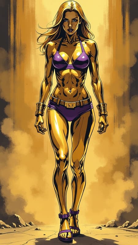 Super-hero, a living trophy made of molten gold. She is completely solid gold--gold metallic skin, metallic gold hair {{{GOLD METALLIC SKIN AND HAIR}}}.  Her hair is also metallic gold, back-length and smooth, side parted and flipped over one eye. Her eyes are also completely gold, filling her eye sockets. She is tall, lithe, athletic. She wears a form-fitting purple halter top/sports bra, and purple spandex thigh length athletic shorts. She wears heeless purple shoes with  straps. This is the outfit she wears when she's fighting crime. Her gold metal skin gives her a certain amount of invulnerability, as well as the high shine blinding her targets. Full body pose, shining her way through the city. 
