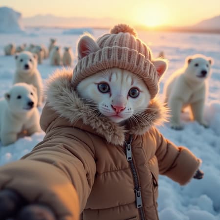 A fluffy kitten with big bright eyes, wrapped snugly in a cozy brown down jacket and matching hat, poses for a selfie amidst an icy landscape. Around the kitten, more than a dozen tiny snow-white polar bears curiously interact, their fur glistening under the warm glow of the setting sun. Each bear, with its playful demeanor, adds to the whimsical charm as the sunset's golden light casts a gentle shimmer across the scene, highlighting every intricate detail of the frosty environment.