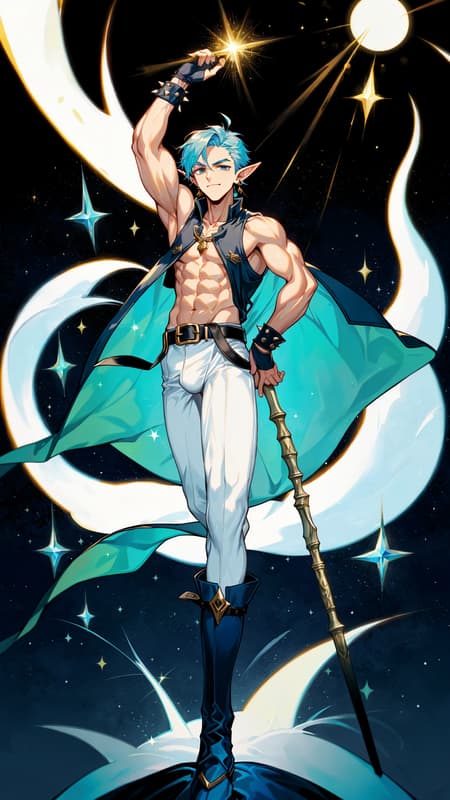 Faerie and Fantasy, The Dreaming. Elf. Moon Elf, pale white elf. Hypermasculine male. Short, stocky, wide shouldered, broad chested, narrow waist, sinewy, well defined. Strong, muscular. Pale white skin the color of snow, dusted in glittery moondust. Short length dark indigo-blue hair, short on sides and spiky on top. {{{SHORT HAIR, INDIGO BLUE HAIR}}}. Sparkling silver eyes, playful and cheery. Handsome masculine face, strong brow and chin, cleft in chin. Indigo-Blue soul-patch on face. Elf ears. His skin is dusted in silvery glitter. Silver talisman with crystal quartz pendant around his neck. Navy blue sleeveless shirt unbuttoned to navel, revealing his chest. Silver arm bands above his biceps, silver earring in left ear, along with silver ear cuffs. Black leather fingerless gloves, black leather bracers on arms. Black leather belt around waist, silver and sapphire belt buckle. Navy blue rangers pants/tights, form fitting and smooth over powerful legs and bulge in crotch. Soft gray boots, knee-high and slouchy/supple bucket boots. He holds a golden magical bow. He has a soft, silvery aura under moonlight, signifying elven magic. Full body pose, he is the archer, the Dream Archer. Faerie and Fantasy, The Dreaming. Elf. Moon Elf, pale white elf. Hypermasculine male. Short, stocky, wide shouldered, broad chested, narrow waist, sinewy, well defined. Strong, muscular. Pale white skin the color of snow, dusted in glittery moondust. Short length dark indigo-blue hair, short on sides and spiky on top. {{{SHORT HAIR, INDIGO BLUE HAIR}}}. Sparkling silver eyes, playful and cheery. Handsome masculine face, strong brow and chin, cleft in chin. Indigo-Blue soul-patch on face. Elf ears. His skin is dusted in silvery glitter. Silver talisman with crystal quartz pendant around his neck. Navy blue sleeveless shirt unbuttoned to navel, revealing his chest. Silver arm bands above his biceps, silver earring in left ear, along with silver ear cuffs. Black leather fingerless gloves, black leather bracers on arms. Black leather belt around waist, silver and sapphire belt buckle. Navy blue rangers pants/tights, form fitting and smooth over powerful legs and bulge in crotch. Soft gray boots, knee-high and slouchy/supple bucket boots. He holds a golden magical bow. He has a soft, silvery aura under moonlight, signifying elven magic. Full body pose, he is the archer, the Dream Archer.