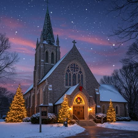 Capture the enchanting essence of a rustic luxurious Christmas by depicting the majestic exterior of Kirk in the Hills Presbyterian Church in Bloomfield Hills, MI. Envision the imposing Gothic architecture dusted with a gentle layer of sparkling snow, accentuated by delicate twinkling lights that bring warmth to the serene wintry scene. Evergreen wreaths adorned with red bows embellish the grand entrance, inviting a sense of festive welcome. In the sky, soft, ethereal clouds part to reveal a starlit night that casts a dreamy glow over the tranquil landscape, enhancing the church's captivating silhouette. Let the image evoke the magic and reverence of the holiday season, with a touch of artistic flair highlighting the church's timeless beauty.