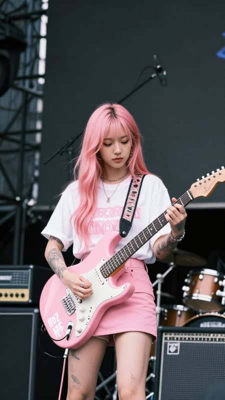 award wining analog photography, realistic style, guitar focus, below,
young female, long pink hair, tattoos, white pink t-shirt, mini skirt, playing electric guitar, using pick, pink guitar, white text on guitar "BUZZ ME", no pickguard, guitar cabinets, guitar amps, drum, concert stage, rock anime festival.