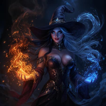 In a mystical dark fantasy realm, a breathtakingly elegant female wizard stands ready, captivating the scene with her enchanting spellcasting. Elemental energies of fire, water, wind, and ice gracefully entwine around her, forming a dynamic and beautiful display. She is dressed in an alluring, detailed off-shoulder attire that highlights her slim form, adorned with intricately designed rings. Her fair skin glows softly under ethereal lighting, accentuating her mesmerizing blue eyes and captivating smile. The entire scene is a high-resolution masterpiece, showcasing the magical harmony of the elements in perfect composition.