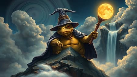 A wise old tortoise wearing a wizard hat and robes, sitting atop a mountain peak surrounded by swirling clouds, with a staff that glows gently in the moonlight, a cascading waterfall in the background, in the style of enchanted realism with intricate details, warm ethereal lighting, mystical atmosphere, and vivid colors.