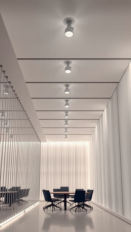 Photorealistic perspective view of a minimalist co-working space featuring bright and ambient finishes, showcasing an intricate interplay of vertical and horizontal lines. The lighting is minimalist with a combination of sleek spotlights on the ceiling and 4500K indirect light. This professional interior architecture scene captures the essence of modern design with a raw and stylized touch, enhancing the overall aesthetic.