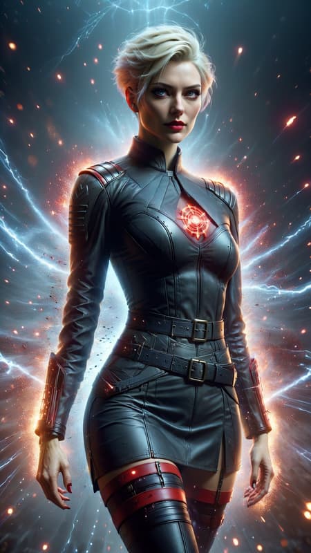 Sci-Fi dystopian world. Supervillain; she is their secret weapon and enemy to humanity, a member of the Neo-Nazi party. Genetically engineered to be a soldier and a telepath, she can read minds, attack minds, mind control, and influence peoples worst behavior, especially hate. She can draw large crowds and whip them into a fervor. She is also a fighter, and carries electrically charged throwing throwing stars shaped like swastikas. They explode when they hit their target. 
Caucasian female of German descent, Nordic good looks. Tall, slim but shapely, athletic, strong, fortitude. Pale blonde hair, pixie hairstyle cut very short on the sides and back, longer on top and flipped over one eye. (((Short hair))) Icy blue eyes with long lashes, intense stare looking into your mind. High cheekbones and full lips, very modelesque, dark red lipstick. She hardly ever smiles--- when she does, it's for all the wrong reasons. Her uniform is a white long sleeved spandex shirt with red stripes down the outside sleeves sides of the torso. There is a big red swastika on the front of the shirt-- she displays it proudly, unashamed. Black leather bracers on her arms, black shoulder pads, and black leather belt that meets in a V-shape at her waist. A form-fitting mid-thigh white skirt with red stripes down the sides. Sheer white leggings on shapely legs, and knee-high shiny black leather boots, high heeled but sturdy. She usually wears a shiny gold swastika pin somewhere on her person...she is unashamed. Full body pose, sending out brain waves to all that will hear..... 