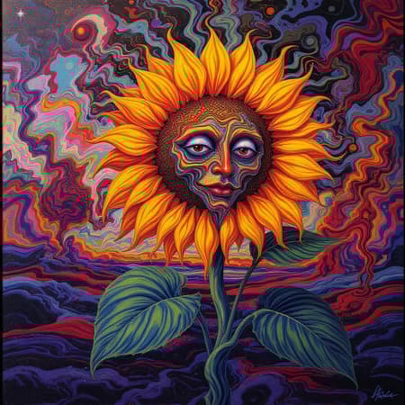 A dreamlike, psychedelic surrealist painting of a sunflower with petals morphing and flowing like liquid, the sunflower's face contorted in a Dali-esque fashion, its vibrant colors melting into a surreal landscape reminiscent of a Picasso abstraction. Long, exaggerated stems twist and blend into the background, where distorted forms pulse with motion and vibrant hues. A mystical play of light and shadow creates an ephemeral atmosphere, capturing the essence of surrealism with an intense, artistic stylization.
