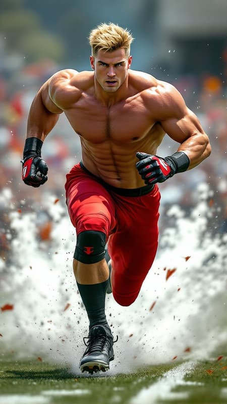 Super-hero, football Player, sports figure, college football. Hypermasculine male, Caucasian white male, young man (about 18 thru 21). Tall, muscular, sinewy, athletic, fit, wide back and shoulders, broad chest, narrow waist, big thighs and calves. Super fast, can outrun a car, leaves a trail of wind in his wake. Unstoppable, can plow through his opponents on the football field. Handsome, rugged good looks. Light golden blonde very short hair, flat top hairstyle, close on sides and straight spiky on top. Deep set aqua-blue eyes, strong brow and chin, mild soul patch on face. Cleft in chin, cute dimples on face. Black strips under his eyes to reduce glare. Bare chest, shirtless, sweat running down his chest and legs after a hard practice. Black shoulder pads, elbow pads and knee pads on the outside of his body. Bright red shiny football shorts stretched over his bulging groin, revealing strong powerful thighs and legs. Black cleated football shoes. Usually running, a need for speed. Full body pose. 