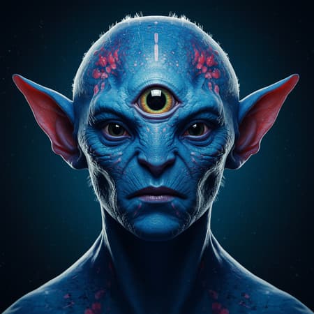 Blue Alien A majestic blue alien with a single prominent eye and large, expressive ears, adorned in a wild array of colors. The portrait is centered and showcases an intricately detailed character with a symmetrical, meticulously rendered face. The design features extraordinary skin texture illuminated by dramatic, cinematic lighting, creating an epic sci-fi fantasy vibe. The style is hyper-realistic and ultra-detailed, with an 8k resolution that captures a sense of mastery in digital painting and art. Sharp focus emphasizes the richness of the details, presenting the face in a stunningly lifelike manner. The character's presence is powerful and captivating, embodying the essence of a digital masterpiece. Despite maintaining the essence of a vividly detailed creation, the design subtly incorporates whimsical elements that add charm and a touch of fantasy. The result is an extraordinarily lifelike yet creatively enhanced depiction of an alien being from a distant universe.