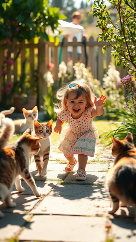 Curious cats and a joyful girl playing in a sunlit garden, surrounded by playful shadows.