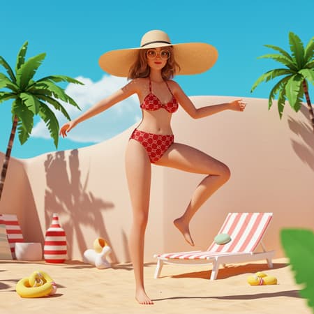 A vibrant digital illustration featuring a woman striking a dynamic pose in Gucci-designed beachwear. The scene blends the whimsical style of Yanjun Cheng with influences from Beeple and Lois van Baarle, characterized by retro anime aesthetics and bright pastel colors. This artwork, reminiscent of the lo-fi girl internet meme, captures the essence of a trendy catalog photo, showcasing a beautifully crafted cartoon-style character. The composition, presented in a 3D-rendered environment, exudes a sense of modern elegance and charm, worthy of trending on platforms like Dezeen.