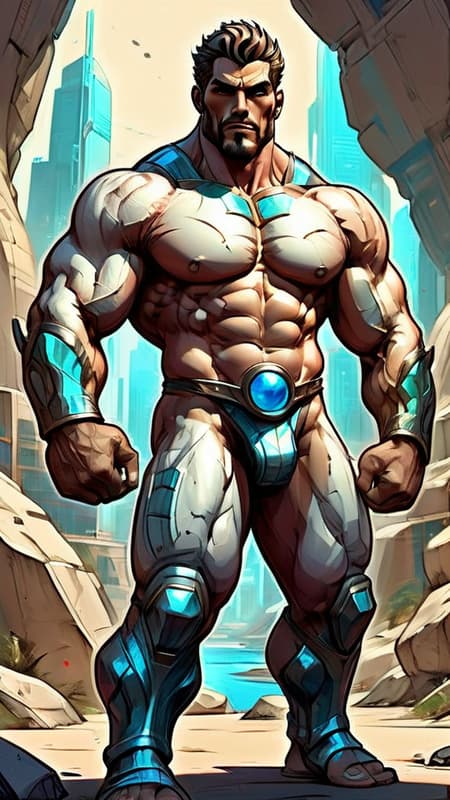 Sci-Fi futuristic fantasy, legend, homo-erotica. On another world, handsome giants known as Brutons emerged from the rock formations. They look like living statues, resembling bodybuilders or Greek wrestlers with their marble-like skin and gemstone colored eyes that shine. They all wear short wavy fade hairstyles of any color. Metallic circlets around their foreheads. Ruggedly handsome, masculine, beautiful men with strong brows and sculpted jaws. Their faces are serene and peaceful. They stand at 7feet tall or taller, and their bodies are physical perfection with broad chests and backs, narrow waists, muscular sinewy bodies, strong massive arms, powerful legs. Their bodies are sculpted to perfection by nature, and they wear very little clothing; iridescent diaphanous white thongs on their girthy loins and metallic sandals with straps up to the calves. Metallic bands around the tops of their biceps, and metallic bracers on their arms.
They help build the futuristic city as well as guard it, carrying huge shining swords or fighting with their own massive muscles. When they are not standing at attention, they keep company with each other, laying together and absorbing sunlight. They do not sweat, but their bodies glisten and sparkle from the microcrystals inside their bodies. They do not speak, but share a telepathic bond with one another. They are an all-male race, looking only to each other for pleasure when not building or gaurding. The other beings on their planet appreciate and love them very much for all they do. {{{MASTERPIECE}}} Sci-Fi futuristic fantasy, legend, homo-erotica. On another world, handsome giants known as Brutons emerged from the rock formations. They look like living statues, resembling bodybuilders or Greek wrestlers with their marble-like skin and gemstone colored eyes that shine. They all wear short wavy fade hairstyles of any color. Metallic circlets around their foreheads. Ruggedly handsome, masculine, beautiful men with strong brows and sculpted jaws. Their faces are serene and peaceful. They stand at 7feet tall or taller, and their bodies are physical perfection with broad chests and backs, narrow waists, muscular sinewy bodies, strong massive arms, powerful legs. Their bodies are sculpted to perfection by nature, and they wear very little clothing; iridescent diaphanous white thongs on their girthy loins and metallic sandals with straps up to the calves. Metallic bands around the tops of their biceps, and metallic bracers on their arms.
They help build the futuristic city as well as guard it, carrying huge shining swords or fighting with their own massive muscles. When they are not standing at attention, they keep company with each other, laying together and absorbing sunlight. They do not sweat, but their bodies glisten and sparkle from the microcrystals inside their bodies. They do not speak, but share a telepathic bond with one another. They are an all-male race, looking only to each other for pleasure when not building or gaurding. The other beings on their planet appreciate and love them very much for all they do. {{{MASTERPIECE}}}