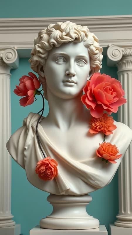 Plaster bust of David adorned with coral peonies, set against a seafoam backdrop, featuring elements of the Ionic order.