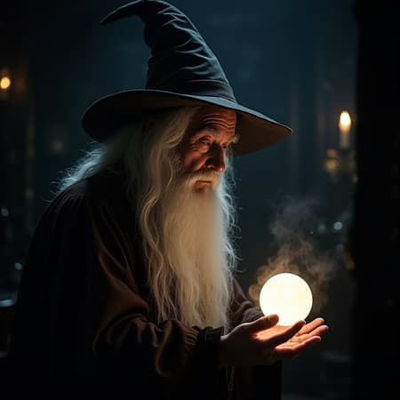An intricate, UHD depiction of an old wizard with long white hair and a flowing beard, adorned in elaborate robes and a tall hat, intently gazing at a glowing orb. The scene unfolds in a dimly lit magician's room, with cinematic lighting enhancing the mystical ambiance. The room is cast in a play of glowing and flickering lights, adding depth and enchantment. Sharp focus captures the wizard's wise expression and the intricate details of his surroundings, free from any imperfections or distortions. The overall composition exudes a sense of wonder and mystery, with the magical orb as the central focal point.