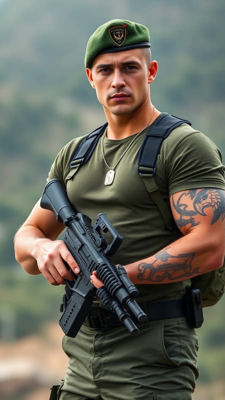 They call him "Sgt.Hawk" because he can fly ANY helicopter, especially the Black Hawk helicopter--he's the best. Sargeant in the U.S. army, military guy, hypermasculine male, mature man. Caucasian male, light brown hair, light brown eyes, focused gaze.  Strong brow, strong chiseled chin, clean shaven hairless face. Wears green military beret.  Tall, strong, muscular, sinewy, broad chest, athletic build. Minimum body hair on chest and arms, very hairy armpits. Tight, army green T-shirt, silver dog tags around neck. Black Hawk tattoo on right arm. Green fatigue pants, black tactical belt. Black combat boots.  Full body relaxed pose, holding a recently fired machine gun. He is very clean cut, a model army poster guy. 
