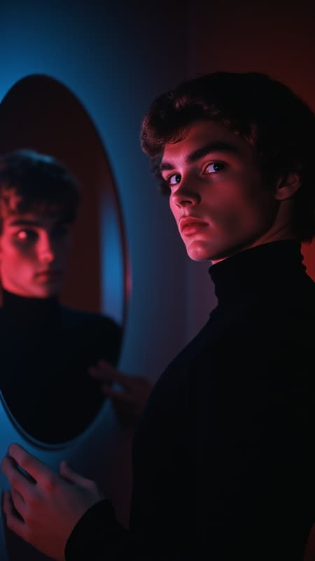 ArsMovieStill, movie still from a 60s psychedelic movie, The image is a portrait of a young man holding a round mirror in his hand. The mirror is reflecting the man's face and the surrounding area. The man is wearing a black turtleneck sweater and has short dark hair that is styled in a bob with bangs. He is looking off to the side with a serious expression on his face. The background is dark and the lighting is red and blue creating a dramatic and moody atmosphere. The overall mood of the image is mysterious and contemplative., reflection, solo, mirror, profile, short hair, 1boy, upper body, male focus, long sleeves, black shirt