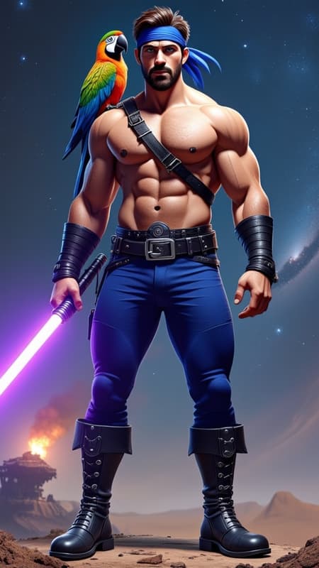 Sci-Fi, futuristic hero. Swashbuckler, space pirate, handsome intergalactic buccaneer. Masculine Caucasian male. Tall, muscular, sinewy, big muscled, perfect physique. Broad chest, wide shoulders and back, narrow waist, muscular thighs and legs. Hirsute hairy chest, arms and legs. Handsome masuline rugged face with lapis-blue eyes, strong brow, squared jaw. Soulpatch on otherwise hairless face. He has a warm, sexy smile. Short dark brown wavy fade hairstyle, close cut on sides and back, longer on top. Sapphire blue bandana with long ends tied around forehead.  Black leather harness with silver buckle strapped across his shirtless  hairy chest.  Black leather bracers with silver grommets on his muscular arms. A wide black leather belt with silver studs around his waist. Tight sapphire blue pants with silver grommets down the sides tucked into knee-high black leather bucket boots. An alien parrot with multi-colored glowing neon feathers sits on his shoulder. He weilds a brightly glowing violet-blue lightsaber while his spaceship fires up for his next adventure. Full body pose, looking dashing and handsome, a galaxy swirling in the background. {{{MASTERPIECE}}} 