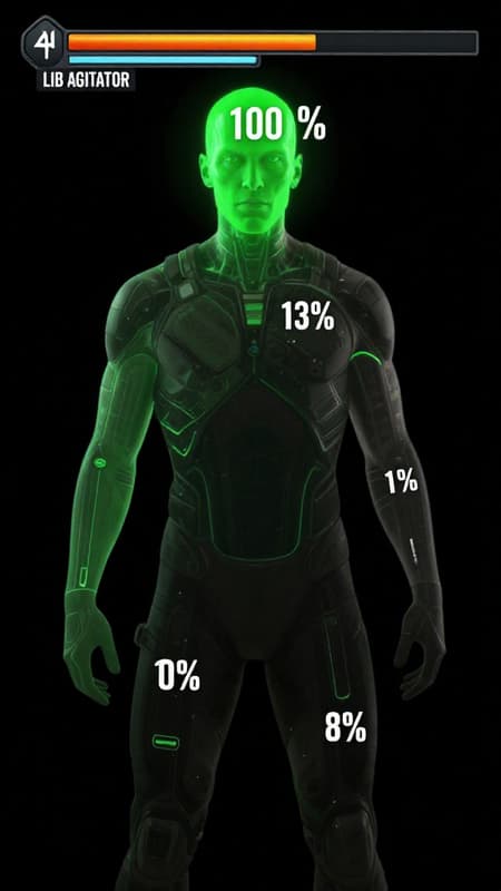 same but the man on the left has with the fallout V.A.T.S. system overlay on him his head having the green overlay which has a 100% chance displayed above his green highlighted head, there are high percentages on his torso, left and right arms and legs as well, but only the head is overlead with a green hue. and a healthbar above his head, above the healthbar, with label "LIB AGITATOR"