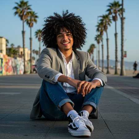 Florence Pugh-inspired Half-Up Half-Down Hairstyle: Featuring elegant black hair, this versatile look is perfect for showing off both flowing locks and a chic, pulled-back style. Simply gather the top section of your hair and secure it with a stylish accessory, letting the rest cascade down for a sophisticated yet effortless vibe, ideal for school or social events. Relaxed Sitting/Leaning Pose: Choose an appealing backdrop like a bench, staircase, or wall. Ease into a relaxed posture, crossing your legs or leaning casually, allowing the camera to capture your natural charm and add an effortless casual vibe to the photos. Casual-Chic Look: Achieve a perfect blend of comfort and sophistication with high-quality basics like well-fitted jeans, a white button-down shirt, and a tailored blazer. Pair these with statement accessories or trendy sneakers for a stylish yet relaxed appearance suitable for everyday outings. Venice Beach Vibe: Embrace the vibrant, eclectic atmosphere of Venice Beach with unique photo opportunities. Capture the colorful graffiti walls of the Venice Boardwalk, pose amongst palm trees, or enjoy the ocean breeze on the sandy beach for dynamic shots. Ultra high resolution, real shadow, photographed with Canon EOS R6, 135mm, 1/1250s, f/2.8, ISO 400. Smiling male with curly afro and bangs, adds a joyful and approachable element to the photo.