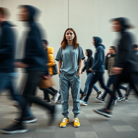 Capture the essence of urban hustle with an artistic photograph depicting a single focused female professional model standing still amidst the blurred motion of multiple people walking past. The main model wears a grey loose-fit T-shirt, denim jogger pants, and yellow skateboard shoes. Surrounding sub models don loose-fit hoodies, jogger pants, and sneakers. Photographed using a Sony α9 II with a Sony FE 100-400mm f/4.5-5.6 GM OSS lens in an open, minimalistic setting. Soft, indirect lighting and a neutral color palette accentuate the motion blur. The sharply focused subject contrasts beautifully with the transient figures around, emphasizing stillness amidst chaos. The background features a plain wall with subtle texture, maintaining attention on the motion effect.