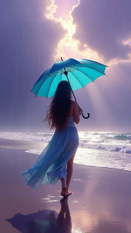 A woman with long hair cascading to the ground walks gracefully along the beach, her silhouette distinct against the backdrop of ominous skies. She holds a vibrant cyan umbrella, its petite parasol shape contrasting with the vastness around her. The rain gently falls, creating shimmering wet reflections on the sand. Sun rays pierce through breaks in the clouds, casting a warm glow amidst the purple sky. Beautiful, partially clouded skies form a painting-like scenery reminiscent of Albert Bierstadt's work, blending drama and tranquility in a mesmerizing coastal tableau.