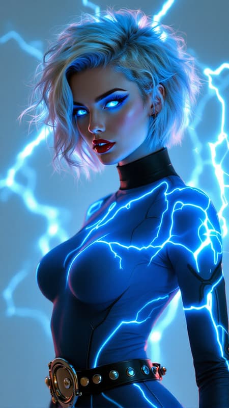 Her name is Electric Blue. Super-hero. That perfect cross between supermodel and punk rock. Feminine Caucasian female, young woman in her early 20s. Tall, athletic, thin but curvy, strong. Curly-spiky blonde Bob hairstyle with fluffy Bangs swept over one eye, a neon-blue streak of hair in the front. Pretty model face with long blonde lashes and electric blue eyes, glowing neon bright eyes. Punk Rock eye make-up in various shades of blue. Shiny glossy cherry-red lips. Her uniform is a spandex form-fitting cobalt blue with glowing neon blue glyphs/stripes on the fabric, top and pants. A shiny metallic chrome belt that curves downwards on her waist. Mid-calf black leather boots with high heels and silver grommets.
She can produce bright blue electricity/lightning from her hands and fire a stream of it at her opponents. She can also shock her enemies if needed. She can also become pure electricity and use it to travel along power lines and grids and incredible speeds. Her name is Electric Blue. Super-hero. That perfect cross between supermodel and punk rock. Feminine Caucasian female, young woman in her early 20s. Tall, athletic, thin but curvy, strong. Curly-spiky blonde Bob hairstyle with fluffy Bangs swept over one eye, a neon-blue streak of hair in the front. Pretty model face with long blonde lashes and electric blue eyes, glowing neon bright eyes. Punk Rock eye make-up in various shades of blue. Shiny glossy cherry-red lips. Her uniform is a spandex form-fitting cobalt blue with glowing neon blue glyphs/stripes on the fabric, top and pants. A shiny metallic chrome belt that curves downwards on her waist. Mid-calf black leather boots with high heels and silver grommets.
She can produce bright blue electricity/lightning from her hands and fire a stream of it at her opponents. She can also shock her enemies if needed. She can also become pure electricity and use it to travel along power lines and grids and incredible speeds.