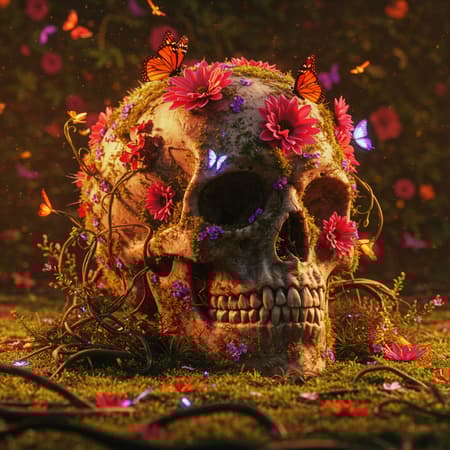 A hyperrealistic digital painting of a skull adorned with vibrant flowers and delicate butterflies, surrounded by intricate vines and lush moss. The background is a tapestry of vivid blossoms, creating a psychedelic atmosphere. The piece is inspired by the majestic styles of Ed Blinkey, Atey Ghailan, and Jeremy Mann, capturing a dark yet cinematic essence with a big depth of field. The artwork showcases sharp focus and intricate details, rendered with 8K octane techniques in Blender and Cinema 4D. With glowing effects and vivid colors, this masterpiece is a trending concept on ArtStation and CGSociety, embracing the humorous and dramatic elements in a photorealistic and detailed manner.
