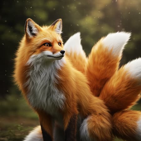 Fluffy nine-tailed fox girl by Wlop and Guweiz, hyper-realistic photography, capturing her ethereal charm with soft natural lighting, vivid 8k detail, poised for an enchanting kiss, her eyes sparkling with life, gentle breeze ruffling her fur, background an enchanting forest, easynegative setting enhancing warmth and allure.