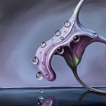 Surreal painting capturing ethereal water droplets along the stem of a flower, inspired by Picasso's surrealism, blending together melting and intertwining materials in hues of light silver and gentle purple, with intricate layers creating a dreamlike scene, artfully balanced, inviting curiosity and introspection, rich textures and fluid forms meshing in a harmonious dance.