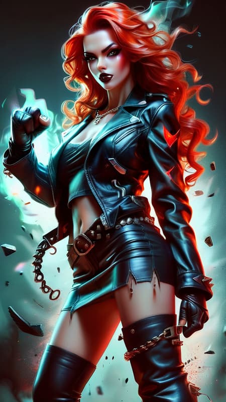 Heavy Metal biker Chick, super-hero . Feminine young woman. Long, wild flaming red hair swept back on one side, loose curls. Jade green eyes, moderate make-up, ruby red lips. Pretty, model girl, athletic, tall, busty. Black leather jacket, black spandex T-shirt, studded black leather bracelets on arms. Black leather mini-skirt, studded leather belt. Long legs, thigh high stiletto-heeled black leather boots.  Red energy/fire from right hand/fist, blue energy/fire from left hand/fist.  Full body pose. She always has a Harley motorcycle somewhere close by, high powered and lights on. 