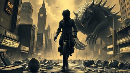 A lone figure stands in the midst of chaos, embodying an aura of the occult with an air of sophistication reminiscent of an ojou-sama pose. The backdrop features a city under siege by colossal monsters, where the boundaries between a virtual reality world and reality begin to blur. Amidst this dystopian landscape, shining fragments of ruins glint under the dim light. Inspired by Vincent Joyal, elements of a supermarket, farmhouse interior, and the cityscape blend seamlessly, evoking the style of the 1920s with undertones of Ironman and motorbike culture. The character is a motorbiker with an oversized helmet, donned with pointed footwear. Despite the remnants of chaos, the figure maintains an elegant stance as if stepping out of an old sepia-toned photograph. The dramatic scenery includes whirlwind sketches of exaggerated anatomy, where limbs seem to vanish into the ether, and features like two navels and a long beard create a surreal atmosphere. Blurry outlines and monochromatic tones suggest an almost liquid transformation within the body, a metaphor for the merging realities.