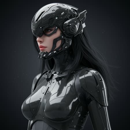 Rfktr_technotrex, futuristic mecha female cyborg with sleek, dark-colored glossy armor, form-fitting bodysuit, and flowing black hair, equipped with an intricate headgear featuring a mechanical facial visor, integrated body armor components, realistic HDR rendering with subtle subsurface scattering effects, octane-rendered, ultra-high-definition 8K resolution.
